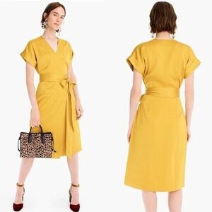 J Crew Satin Crepe Midi Wrap Dress XXS Mustard Marigold Yellow V Neck Short Slv